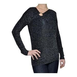 MICHAEL KORS Womens Blouse M Black Metallic Silver Lurex Long Sleeve Top EXC